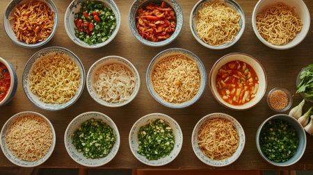 An overhead view of a table set with various instant noodle flavors and toppings, with bowls of prepared noodles ready to be served.の素材