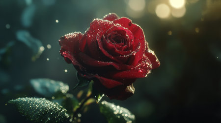 A close-up of a single red rose covered in delicate water droplets, with the petals glistening under soft sunlight, creating a romantic and fresh atmosphere.の素材