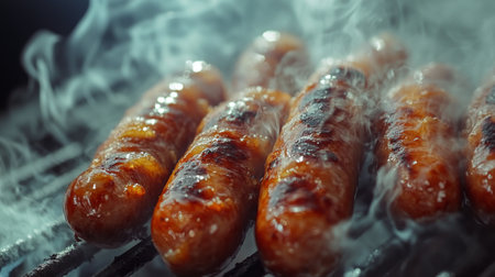 A close-up of sizzling sausages on a grill, with golden-brown crispy skins and juicy interiors, surrounded by grill marks and smoke.の素材