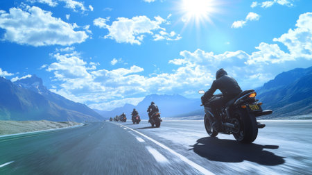A group of motorcyclists riding in formation on an open highway, with mountains and a bright blue sky stretching ahead.の素材