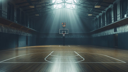 A high-quality image of a basketball court before a game, with neatly lined markings, a well-maintained hoop, and a polished hardwood floor.の素材