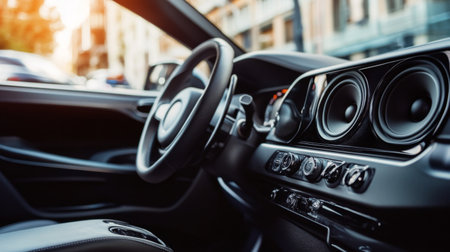 An interior shot of a modern car with premium speakers integrated into the dashboard and doors, highlighting the advanced audio system in a stylish setting.の素材