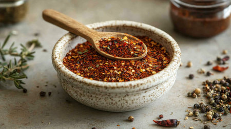 A close-up of a small bowl of vibrant red chili powder, with a wooden spoon sprinkled over it, placed on a rustic kitchen counter with spices and herbs.の素材