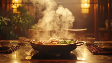 A dynamic shot of a steaming hot pot with a variety of ingredients simmering, set in a cozy dining room with traditional Asian tableware and ambient lighting.の素材