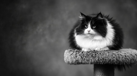 A chubby black-and-white cat perched on top of a cat tree, looking down with a regal expression, its fluffy body filling the space.の素材