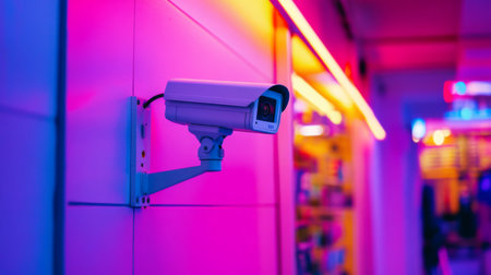 A vibrant image of a CCTV camera mounted on a storefront, monitoring the entrance and surrounding area, conveying a sense of safety for customersの素材