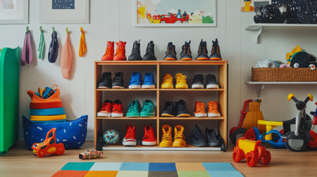 A childrens shoe rack filled with colorful sneakers and boots, placed in a cozy, playful room with vibrant dcor and toys scattered around.の素材