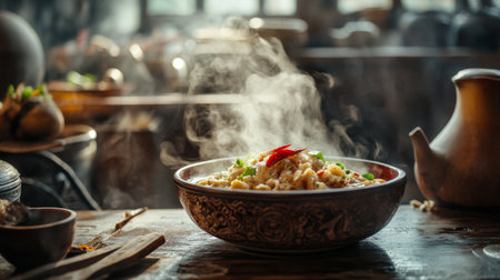 An artistic shot of a steaming bowl of  placed on a rustic wooden table, with a background of Thai kitchen utensils and ingredients for a cozy, authentic feel.の素材