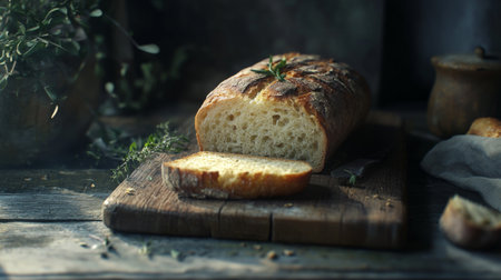 An artistic shot of a loaf of bread with a slice cut out, revealing the soft, airy crumb inside, placed on a rustic wooden board with a few fresh herbs.の素材