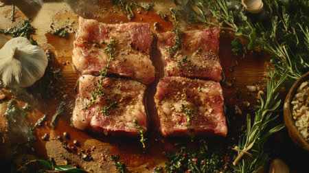 A close-up of raw pork belly slices marinated and ready for grilling, surrounded by fresh herbs, garlic, and spices on a wooden cutting board.の素材