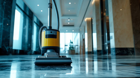 A high-quality shot of a vacuum cleaner being used in a commercial setting, such as an office or hotel lobby, demonstrating its suitability for heavy-duty cleaning.の素材