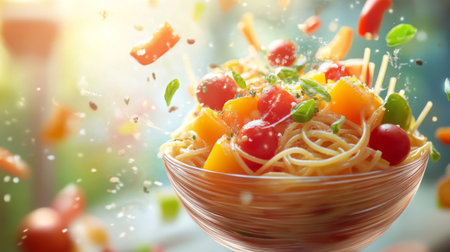 A vibrant image of a bowl of spaghetti with a variety of colorful vegetables, like bell peppers and cherry tomatoes, tossed in a light vinaigrette.の素材