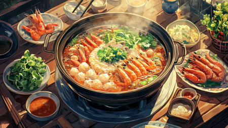 A high-resolution image of a traditional hot pot meal with a sizzling broth, fresh seafood, and vegetables, with dipping sauces and garnishes on the side.の素材