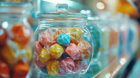 A high-resolution photo of individually wrapped  in a clear glass jar, with a focus on the colorful wrappers and the sweet treats inside.の素材