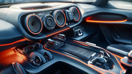 A high-resolution image of a cars audio system with visible speakers and amplifiers, capturing the modern technology and design elements in the vehicles interior.の素材