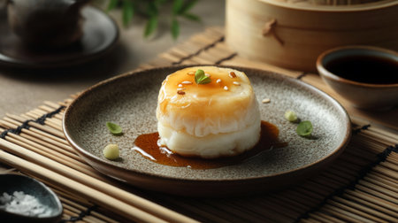 A high-quality photo of a freshly made  with its delicate wrapper and filling, served on a traditional dim sum dish with a side of soy sauce and chopsticks.の素材
