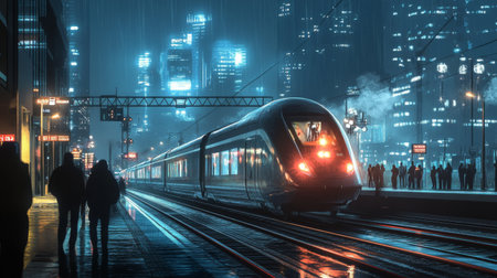 A high-speed train arriving at a busy urban station, with commuters boarding and city lights reflecting off the train's windows.の素材