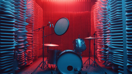 A professional image of a  with a pop filter and shock mount in a soundproof booth, emphasizing the detail and quality of the recording setup.の素材