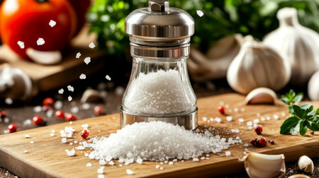 A high-resolution image of a salt grinder filled with coarse cooking salt, with salt crystals visibly falling onto a cutting board or meal.の素材