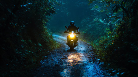 A nighttime shot of a motorcycle with its headlights on, illuminating a narrow, winding road in the middle of a dense forest.の素材