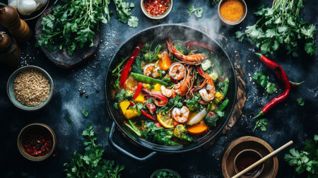 A steaming hot pot filled with vibrant vegetables, seafood, and meat, placed on a table surrounded by dipping sauces, fresh herbs, and chopsticks.の素材