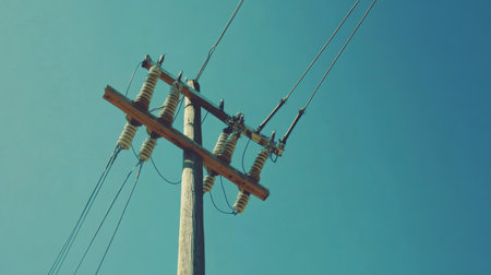 Close-up of a high-voltage power pole with insulators and cables, clear blue sky backgroundの素材