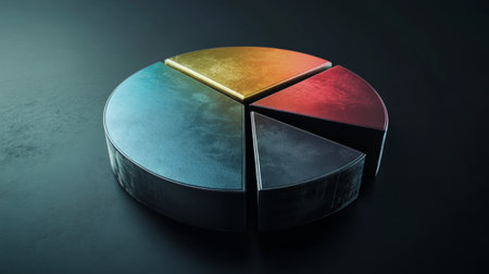 Detailed D pie chart with metallic textures, each segment separated slightly, dark backgroundの素材