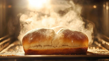 Freshly baked bread coming out of the oven, with steam escaping from the golden crustの素材
