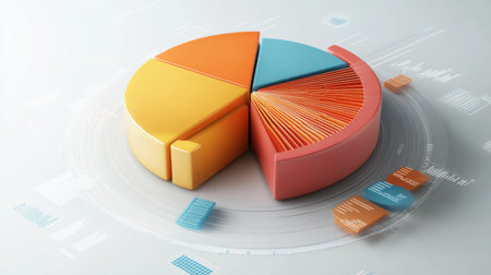 Interactive D pie chart with floating labels and percentages, digital interface elements surrounding itの素材