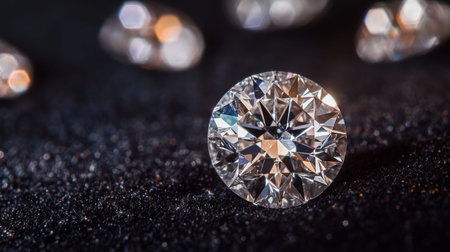 Macro image of a diamond on black velvet, emphasizing its sharp edges and flawless surfaceの素材