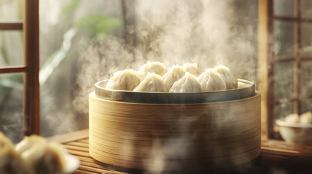 Steaming dumplings being taken out of a bamboo steamer, traditional Asian kitchen atmosphereの素材