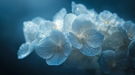 Macro view of a blue hydrangea cluster, with light highlighting the delicate petalsの素材