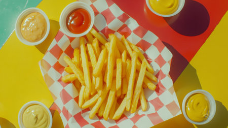 An overhead view of a generous serving of golden French fries on a checkered paper-lined tray, accompanied by various dipping sauces, creating a vibrant display.の素材