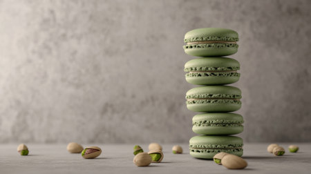A close-up of green pistachio macarons, stacked in a neat tower on a light grey background, with a few scattered pistachio nuts around them.の素材