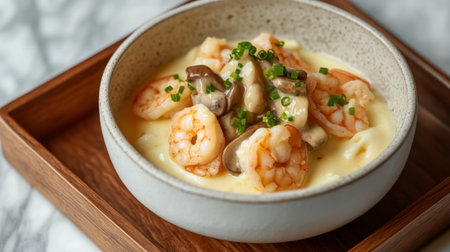 A bowl of delicate steamed egg custard with toppings like shrimp, mushrooms, and spring onions, served in a simple, elegant white bowl on a wooden tray.の素材