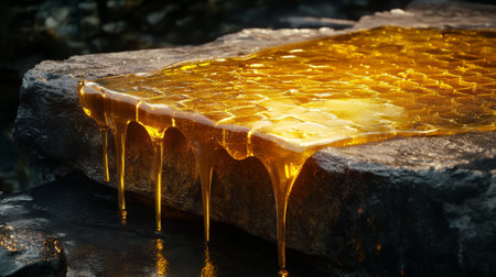 A beautifully styled shot of honeycomb dripping with golden honey, placed on a dark slate background, highlighting the texture and richness of the honey.の素材
