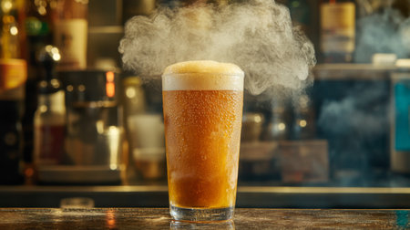 A close-up of a chilled glass of pale ale with bubbles rising to the surface, the glass slightly fogged with condensation, sitting on a bar counter.の素材
