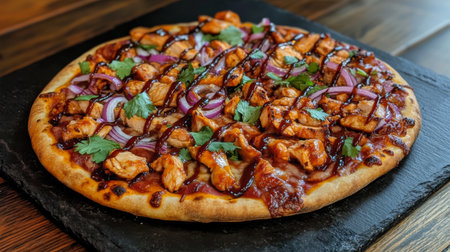 A close-up of a pizza with barbecue chicken, red onions, and cilantro, set on a dark stone pizza board, with a drizzle of barbecue sauce over the top.の素材