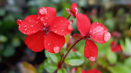 A close-up of a vibrant red flower with delicate petals adorned with glistening water droplets, capturing the beauty and freshness of nature after a rain shower.の素材