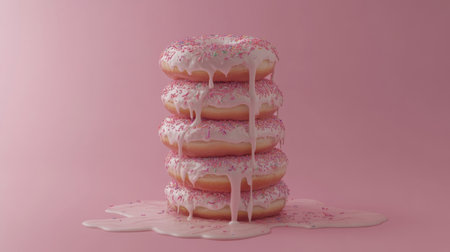 A creative composition of a donut tower stacked high, with sprinkles and icing dripping down the sides, creating a playful and indulgent dessert display.の素材