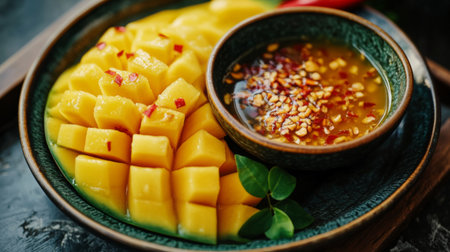 A close-up of a beautifully arranged plate of sliced green mangoes, served with a bowl of sweet fish sauce, sprinkled with dried shrimp and chili flakes.の素材