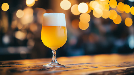 A close-up of a tall glass of golden beer with a frothy head, condensation on the glass, set on a wooden bar with a warm bokeh light in the background.の素材