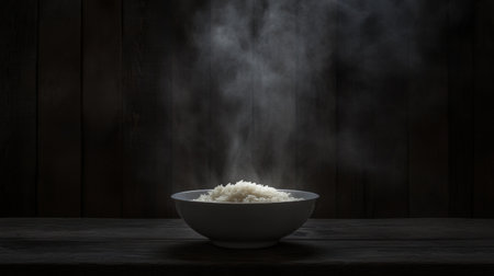 A beautifully presented bowl of steaming jasmine rice, with delicate steam rising from the top, set on a dark wooden background with subtle lighting.の素材