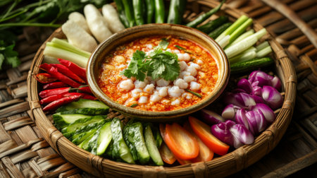 A beautifully styled platter of various fresh vegetables arranged around a bowl of shrimp paste chili dip , placed on a traditional woven mat.の素材