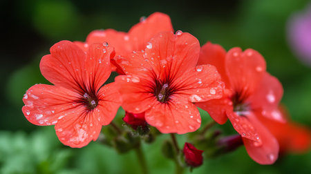 A close-up of a vibrant red flower with delicate petals adorned with glistening water droplets, capturing the beauty and freshness of nature after a rain shower.の素材