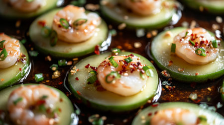 A close-up of the vibrant contrast between the bright green mango slices and the rich brown sweet fish sauce, with small pieces of chili and shrimp on top.の素材