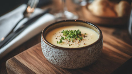 A close-up of steamed egg custard with minced pork and a sprinkle of spring onions, served in a ceramic bowl on a wooden board for a simple yet elegant presentation.の素材