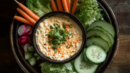 A flat lay of a rustic plate filled with raw, fresh vegetables like carrots, lettuce, and cucumbers, surrounding a beautifully arranged bowl of spicy chili dip.の素材