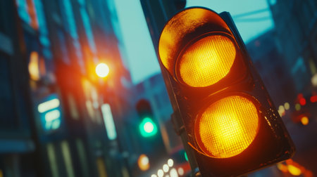 A close-up of a traffic light showing the illuminated yellow signal, with a blurred background of a bustling street, highlighting caution and awareness on the road.の素材