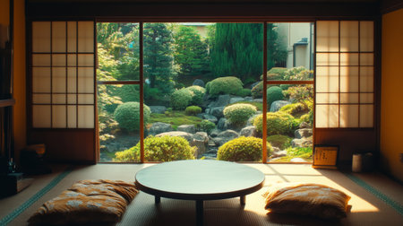 A cozy corner of a Japanese living room featuring a low table, cushions, and a view of a beautifully landscaped garden through a sliding door.の素材